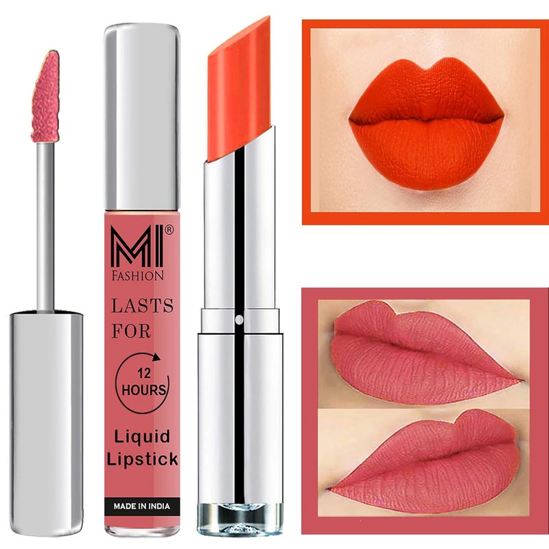MI Fashion Made in India Lipstick Combo Offers 100 Veg Long Lasting Peach Liquid Matte Lipstick Orange Crush Creamy Matte Lipstick - Image 1