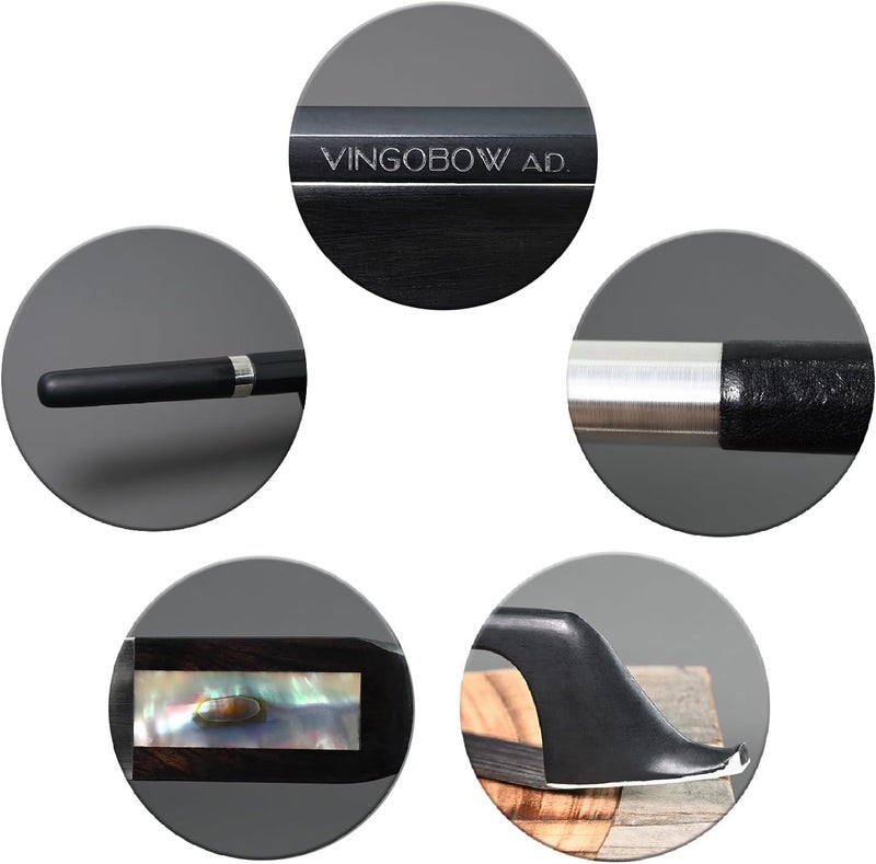 VINGOBOW German Style Carbon Fiber Upright Double Bass Bow 1/4 Size 100BGB Professional Level Parisian Eyes Ebony Frog Deep Powerful Tone Black Horse Hair Pernambuco Performance Warm Tone - Image 3