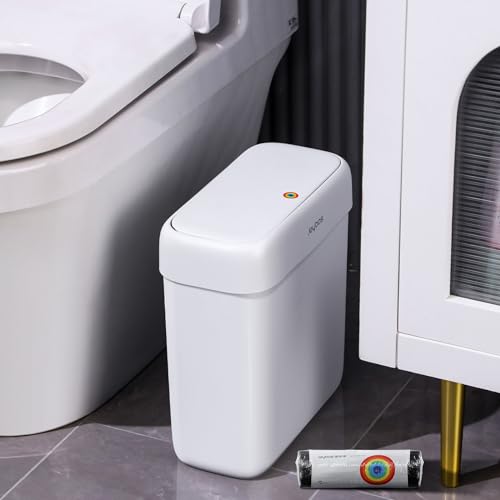 JOYBOS Bathroom Trash Can with Lid,3 Gallon Small Garbage Can with Press Top Lid,10L Dogproof Slim Plastic Narrow Trash Bin for Toilet, Office, Bedroom, Living Room, Grey - Image 1