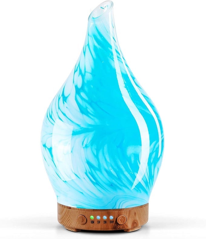 150ML ESSENTIAL OIL DIFFUSER GLASS COLOR CHANGING AROMA AIR DIFFUSERS AROMATHERAPY ULTRASONIC COOL MIST HUMIDIFIER 6 RUNNING HOURS WATERLESS AUTO-OFF FOR SLEEPING YOGA OFFICE SPA (BLUE WAVE)