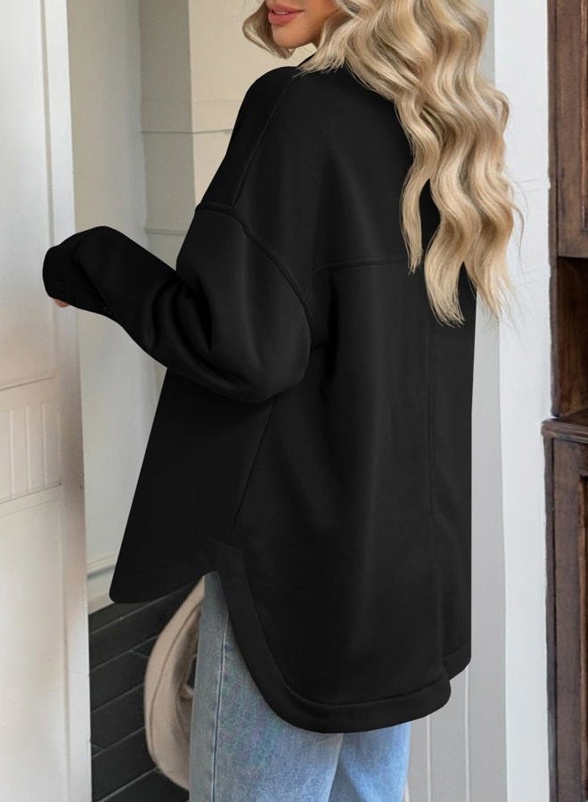 Fisoew Womens Oversized Sweatshirt Casual Long Sleeve Henley V Neck Pullover Tops Fall Outfits Clothes, Black, XL - Image 3