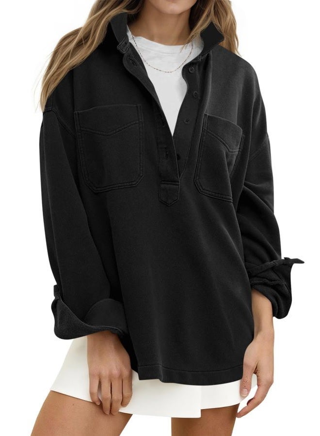 Fisoew Womens Oversized Sweatshirt Casual Long Sleeve Henley V Neck Pullover Tops Fall Outfits Clothes, Black, XL - Image 1