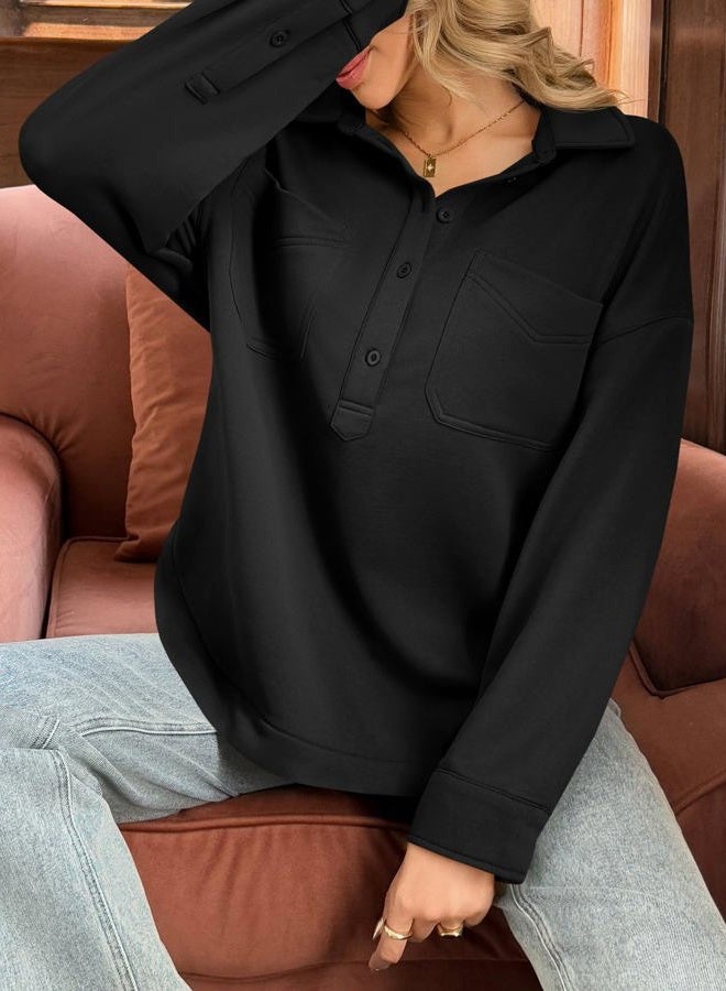 Fisoew Womens Oversized Sweatshirt Casual Long Sleeve Henley V Neck Pullover Tops Fall Outfits Clothes, Black, XL - Image 5