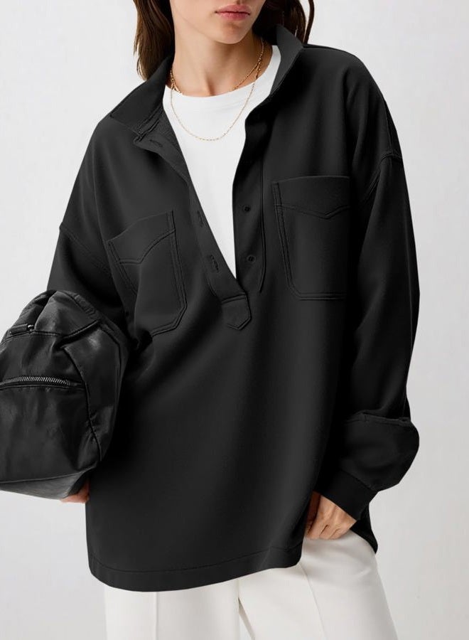 Fisoew Womens Oversized Sweatshirt Casual Long Sleeve Henley V Neck Pullover Tops Fall Outfits Clothes, Black, XL - Image 2