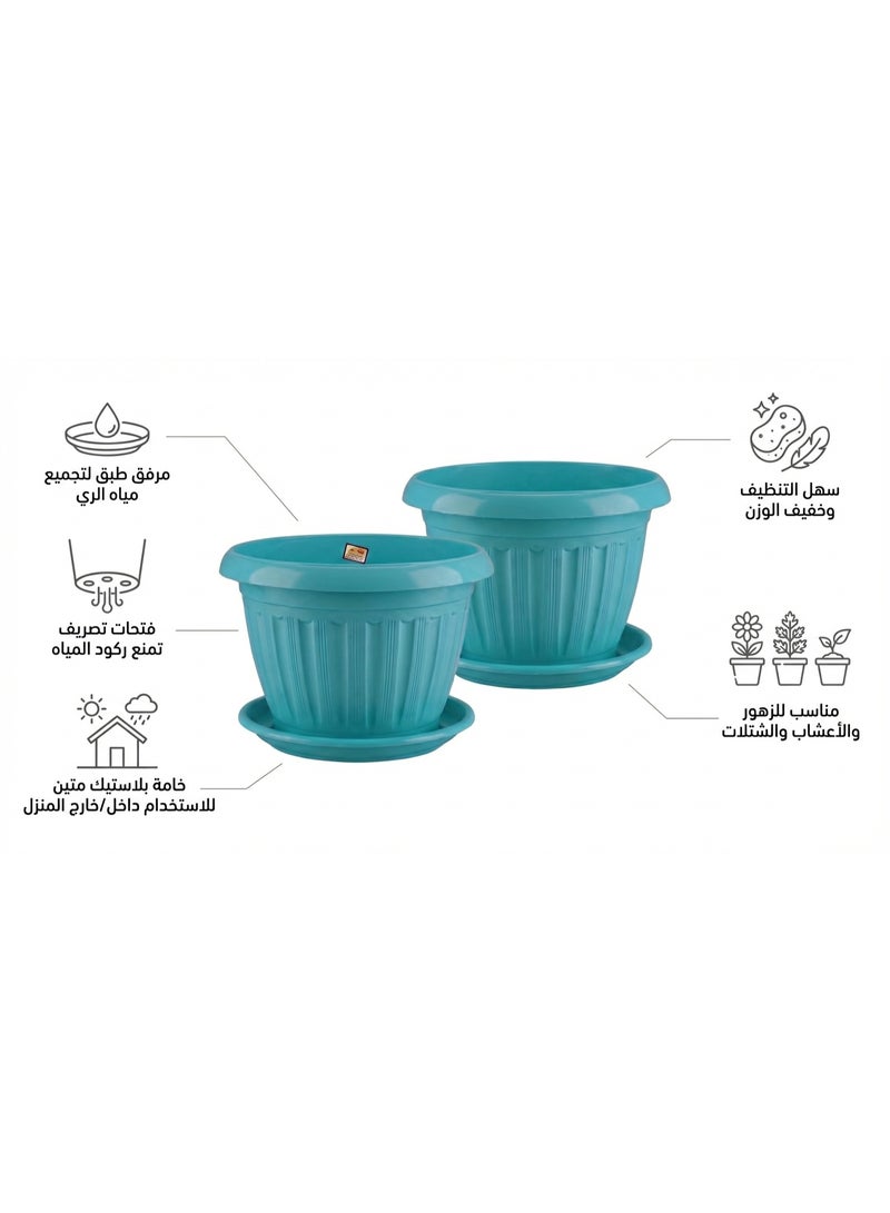 أصيص زرع بلاستيك دائري كلاسيكي بنقوش طولية مع طبق تصريف سفلي لزراعة وتنسيق نباتات الزينة والزهور الطبيعية والصناعية للمنازل والمكاتب والبلكونات - مقاس 25 سم - لون فيروزي تركواز - Image 3