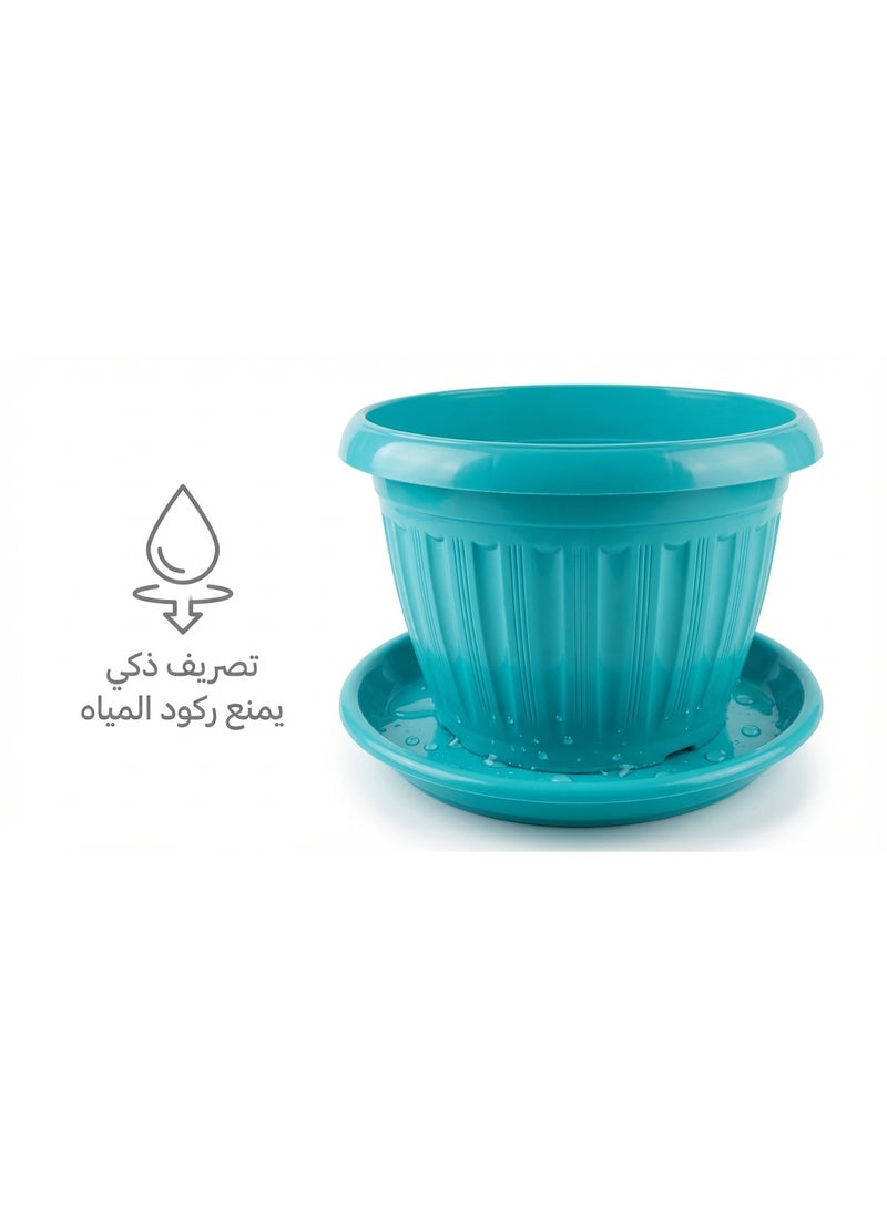 أصيص زرع بلاستيك دائري كلاسيكي بنقوش طولية مع طبق تصريف سفلي لزراعة وتنسيق نباتات الزينة والزهور الطبيعية والصناعية للمنازل والمكاتب والبلكونات - مقاس 25 سم - لون فيروزي تركواز - Image 4