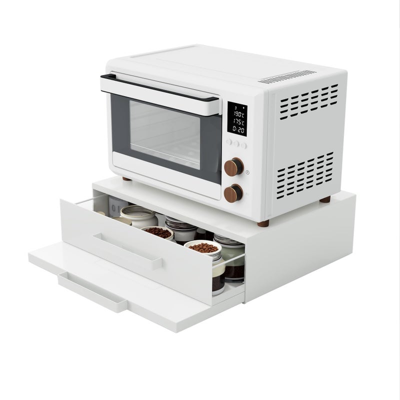 VibeNest Steel Microwave Stand with Pull-Out Drawers & Shelves - Kitchen Countertop Organizer for Coffee Station & Appliance Storage (White+Drawer+Shelf) - Image 1