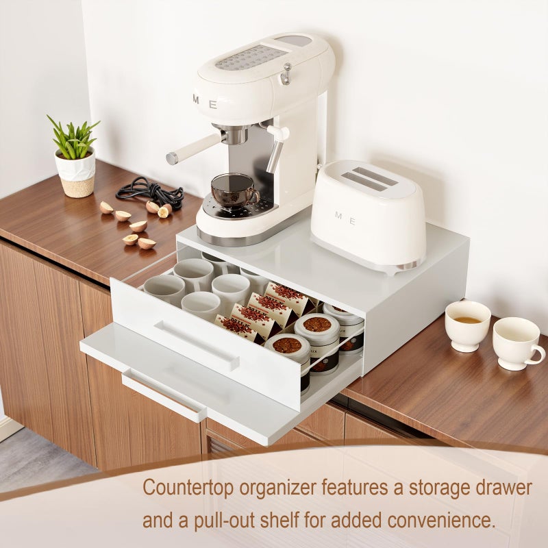 VibeNest Steel Microwave Stand with Pull-Out Drawers & Shelves - Kitchen Countertop Organizer for Coffee Station & Appliance Storage (White+Drawer+Shelf) - Image 2