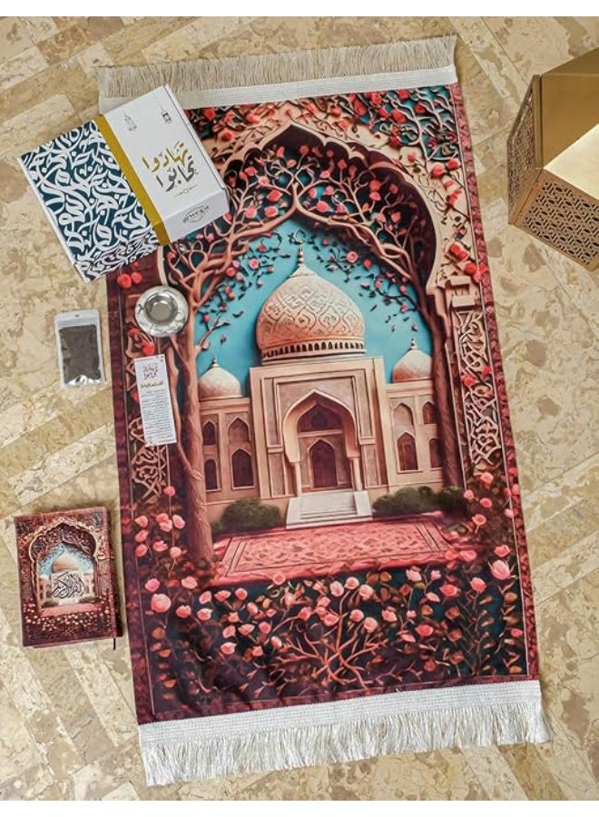 بوكس رمضان مصلية + مصحف + مبخرة + اذكار + بخور تهادوا تحبو لون روز خامه عاليه الجوده .