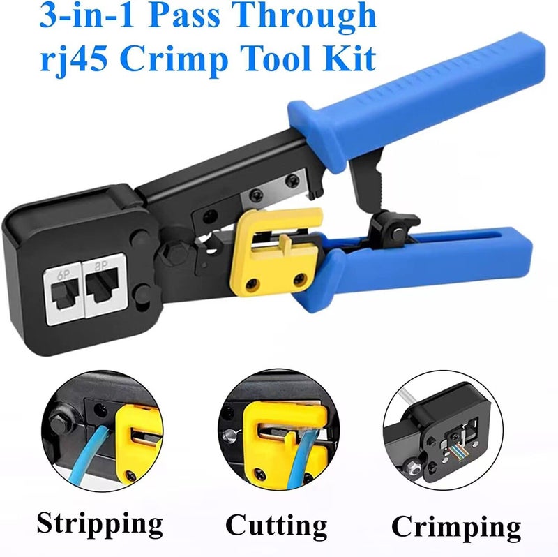 Gaobige rj45 Crimping Tool for Cat6 Cat5e Cat5, Sturdy Crimper for rj45 rj12/11 Pass-Through Connectors with 50pcs rj45 Cat5e Pass-Through Connectors, 50pcs Covers, Wire Stripper; Network Cable Tester - Image 2