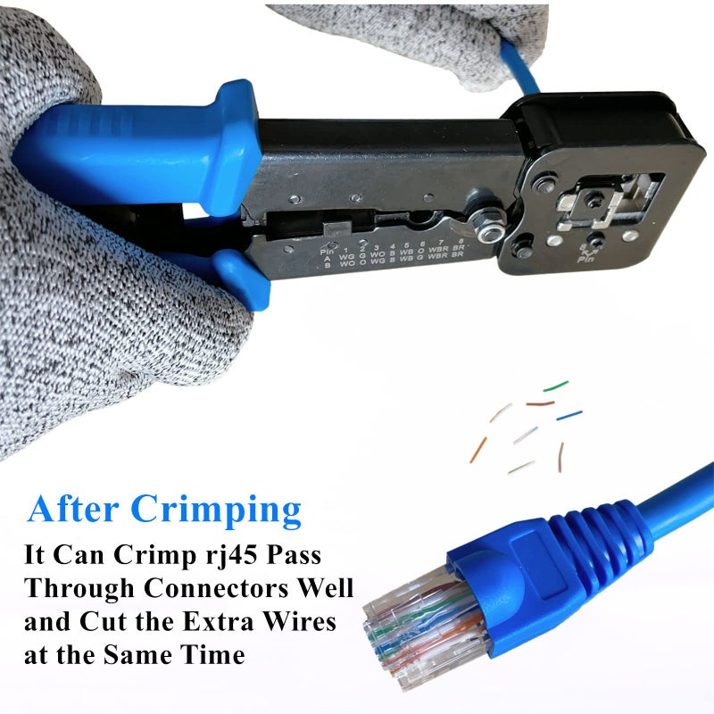 Gaobige rj45 Crimping Tool for Cat6 Cat5e Cat5, Sturdy Crimper for rj45 rj12/11 Pass-Through Connectors with 50pcs rj45 Cat5e Pass-Through Connectors, 50pcs Covers, Wire Stripper; Network Cable Tester - Image 4
