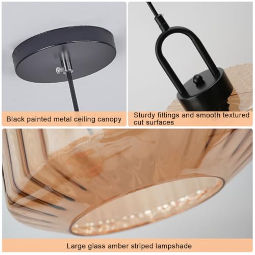 Qufute Glass Globe Pendant Light fixtures 1-Lights Black Mid Century Modern Pendant Lights with Amber Hand Blown Glass Shade Ceiling Hanging Lighting for Dining Room Kitchen Ceiling Hanging Light - Image 3