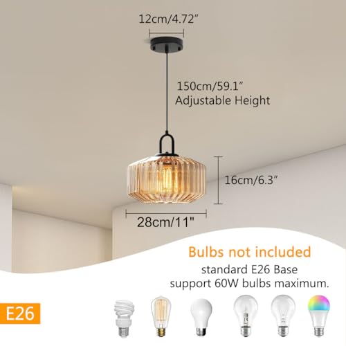 Qufute Glass Globe Pendant Light fixtures 1-Lights Black Mid Century Modern Pendant Lights with Amber Hand Blown Glass Shade Ceiling Hanging Lighting for Dining Room Kitchen Ceiling Hanging Light - Image 2