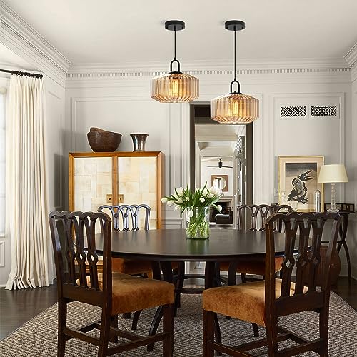 Qufute Glass Globe Pendant Light fixtures 1-Lights Black Mid Century Modern Pendant Lights with Amber Hand Blown Glass Shade Ceiling Hanging Lighting for Dining Room Kitchen Ceiling Hanging Light - Image 4