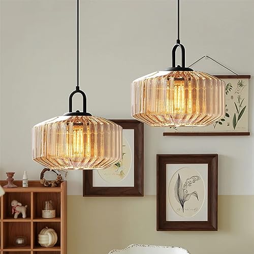 Qufute Glass Globe Pendant Light fixtures 1-Lights Black Mid Century Modern Pendant Lights with Amber Hand Blown Glass Shade Ceiling Hanging Lighting for Dining Room Kitchen Ceiling Hanging Light - Image 5
