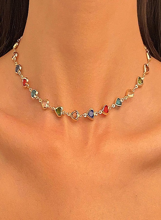 MXUHUI Dainty Colorful Rhinestone Hearts Beaded Choker Necklace Bracelet Set for Women Trendy Multicolor Love Sparkly Crystal Rainbow Chain Necklaces Sweet Party Prom Neck Jewelry Statement Summer Beach Vacation (Hearts) - Image 2