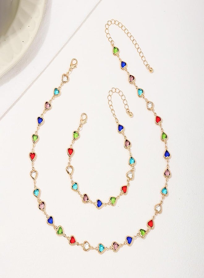 MXUHUI Dainty Colorful Rhinestone Hearts Beaded Choker Necklace Bracelet Set for Women Trendy Multicolor Love Sparkly Crystal Rainbow Chain Necklaces Sweet Party Prom Neck Jewelry Statement Summer Beach Vacation (Hearts) - Image 5