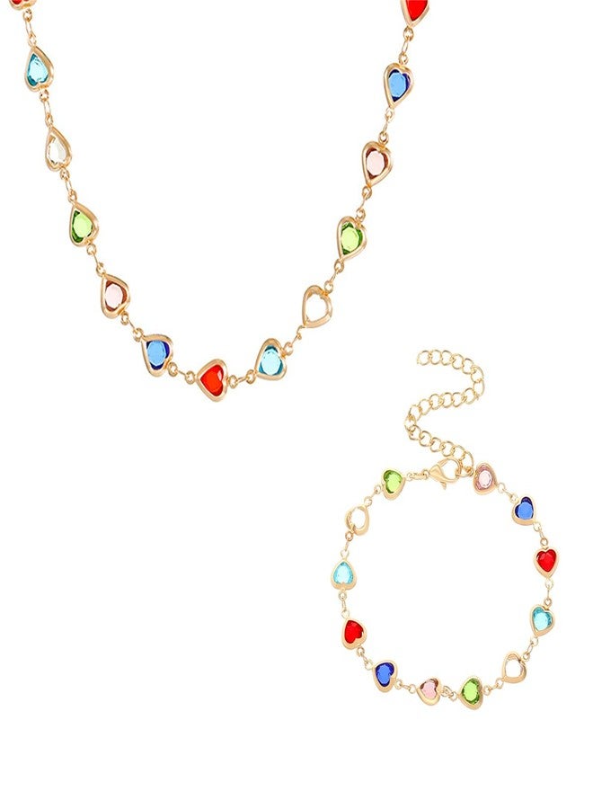 MXUHUI Dainty Colorful Rhinestone Hearts Beaded Choker Necklace Bracelet Set for Women Trendy Multicolor Love Sparkly Crystal Rainbow Chain Necklaces Sweet Party Prom Neck Jewelry Statement Summer Beach Vacation (Hearts) - Image 1