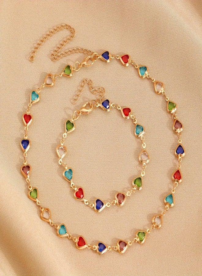 MXUHUI Dainty Colorful Rhinestone Hearts Beaded Choker Necklace Bracelet Set for Women Trendy Multicolor Love Sparkly Crystal Rainbow Chain Necklaces Sweet Party Prom Neck Jewelry Statement Summer Beach Vacation (Hearts) - Image 3