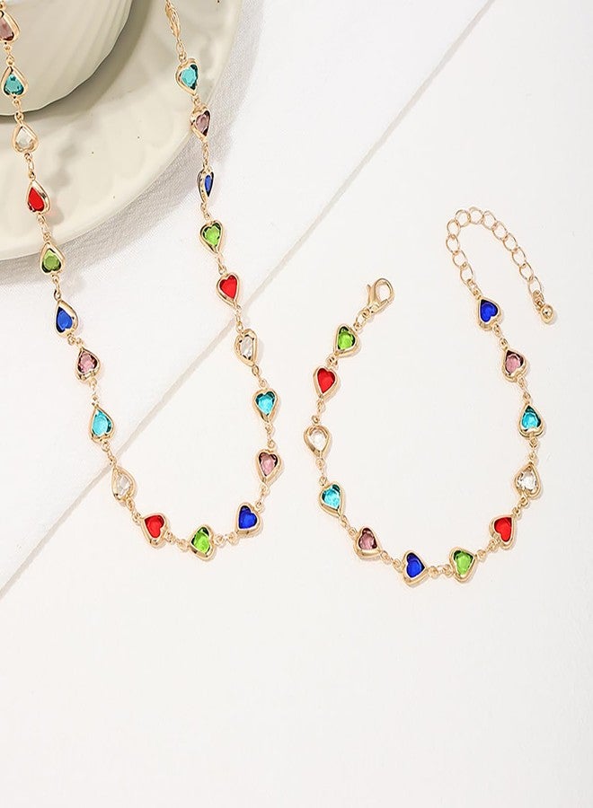 MXUHUI Dainty Colorful Rhinestone Hearts Beaded Choker Necklace Bracelet Set for Women Trendy Multicolor Love Sparkly Crystal Rainbow Chain Necklaces Sweet Party Prom Neck Jewelry Statement Summer Beach Vacation (Hearts) - Image 4