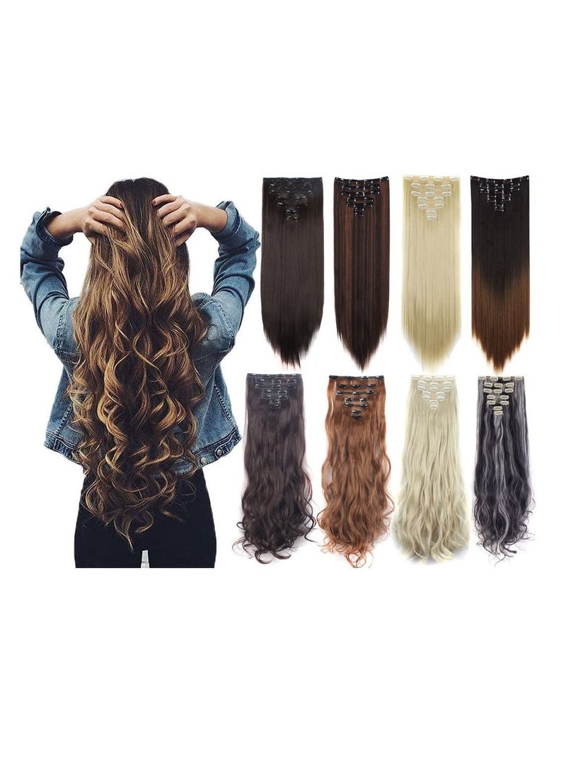 إستيل 7 قطع 16 مشابك 23 بوصة إلى 24 بوصة سميكة مجعد مستقيم كامل الرأس كليب في لحمة مزدوجة وصلات شعر أسود داكن مستقيم - Image 4