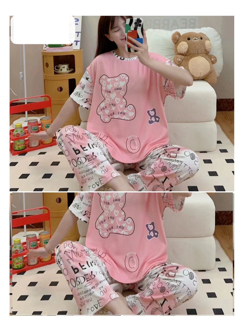 BAIG - Short Sleeve Trousers 2 Pieces set Women's Nightwear Pajama & Shirt Cute Female  Summer Anime Nylon Cartoon Wear Outside Tracksuit Set - Image 1