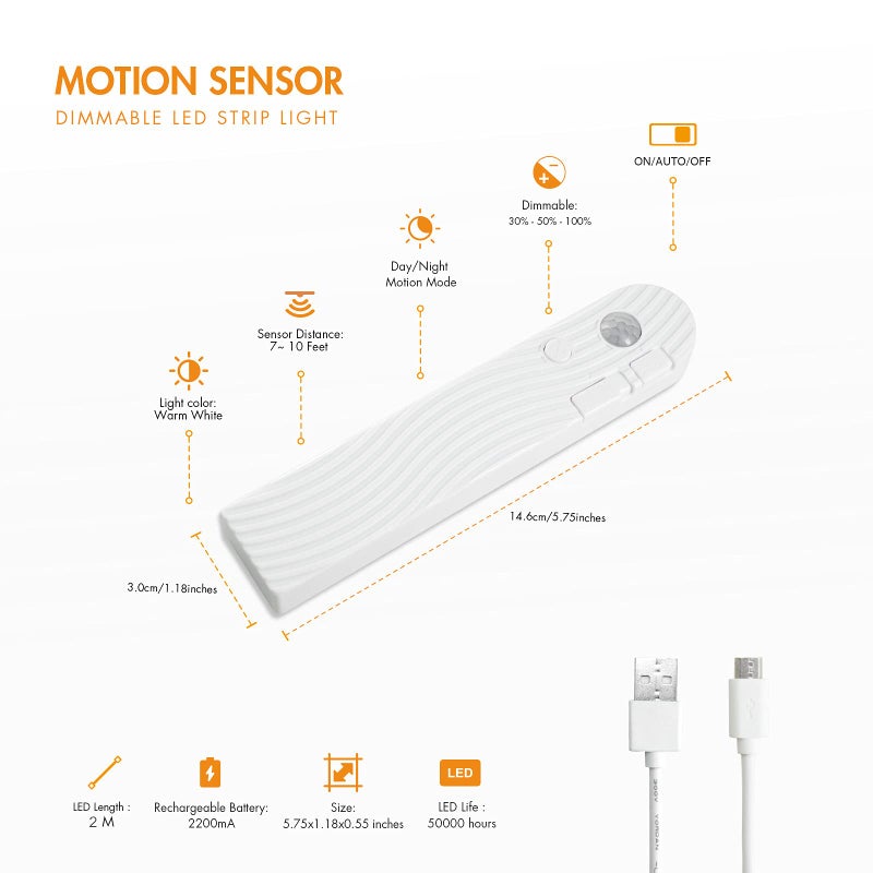 Sensky أضواء شريط LED تعمل بالحركة قابلة لإعادة الشحن مع مستشعر حركة، إضاءة شريط خافتة للخزائن، خزائن الأسلحة، الخزائن، المخازن، وخزائن الملابس (2م، أبيض دافئ) - Image 2