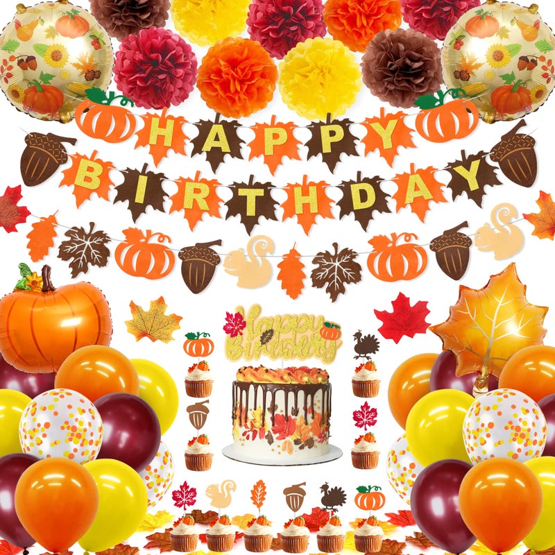 Fall Pumpkin Birthday Party Decorations 97 Pcs Thanksgiving Autumn Themed Birthday Party Supplies Including Pumpkin Banner Cake Toppers Maple Leaves Balloons Paper Pompoms