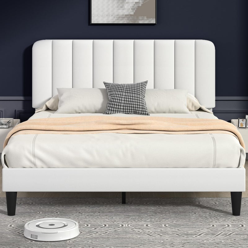 VECELO Full Size Bed Frame with Upholstered Headboard Velvet Platform Bedframe Mattress Foundation Strong Wood Slat Support No Box Spring NeededWhite