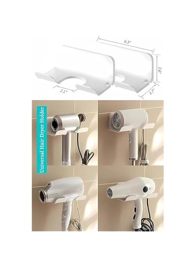 هوكور حامل مجفف الشعر العالمي من تراسل، حامل مجفف الشعر يثبت على الحائط لخطاف مجفف الشعر مع قابس ومنظم سلك ذاتي اللصق للخزانة والحمام (ابيض، عبوتان) - Image 2