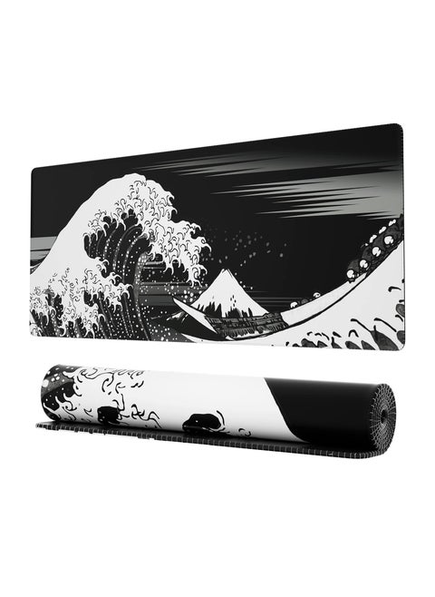 Large thickened Gaming Mouse Pad with Stitched Edges, Japanese Wave Anime Desk Mat, Extended XL Mousepad with Anti-Slip Base, Spill-Resistant Desk Pad for Keyboard and Mouse, 31.5 x 11.8 in, White