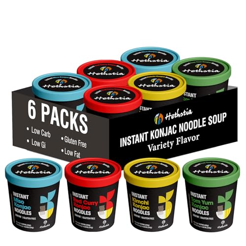 Hethstia Konjac Noodle, 6-Pack Instant Shirataki Noodle Soup Cups Variety Flavor(Spicy Red Curry, Miso, Kimchi, Tom Yum) - Low-Carb, Gluten-Free, Vegan Konjac Angel Hair Pasta Soup - Image 1