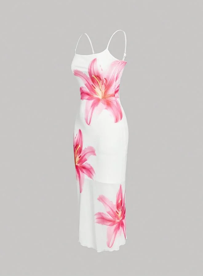 Take Two white with pink floral print White Floral Print Strappy Bodycon Midi Dress for Women | Best Price UAE