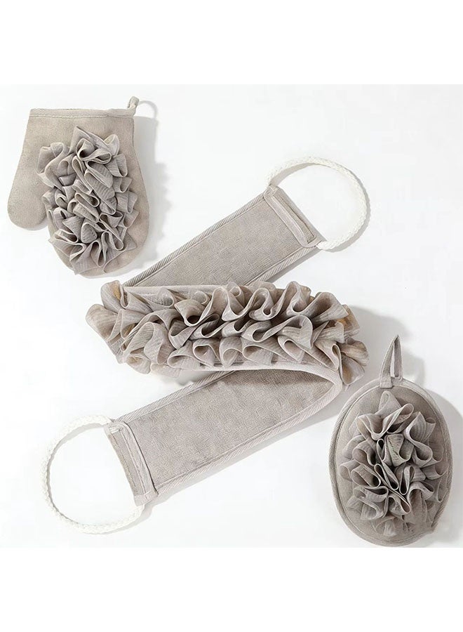 3pcs تقشير طبيعي Loofah اسفنج مرة أخرى مكرر للدش، لوفا تقشير الحمام حزام & اسفنج وسائد & قفاز تقشير، حمام دش مكرر للرجال والنساء (رمادي)