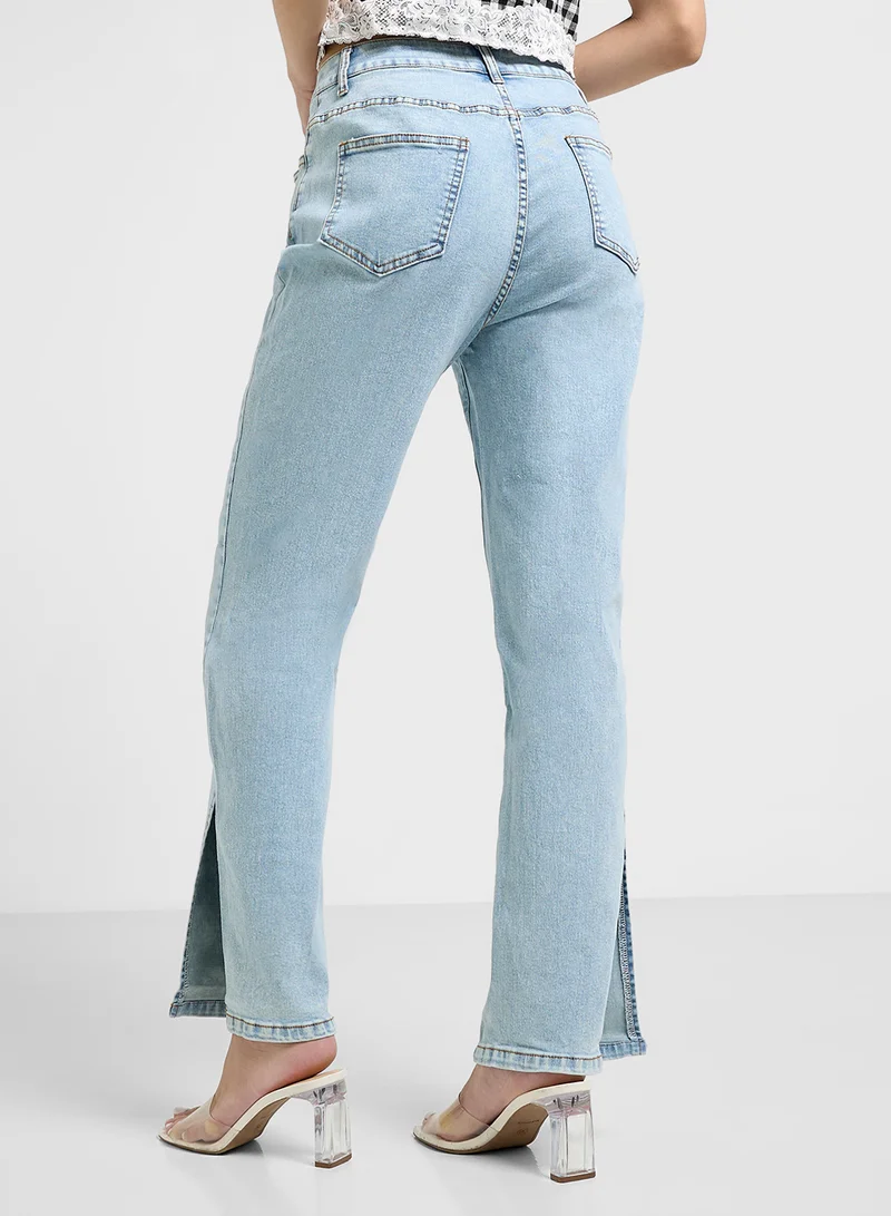 Ginger Stone Wash Straight Fit Jeans With Slit