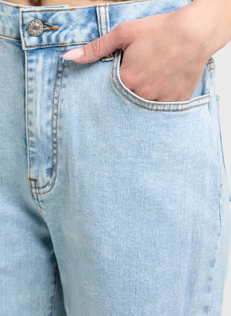 Ginger Stone Wash Straight Fit Jeans With Slit