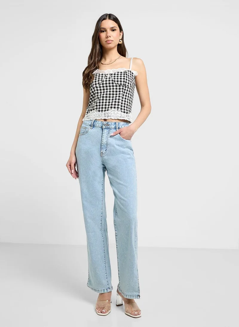 Stone Wash Straight Fit Jeans With Slit