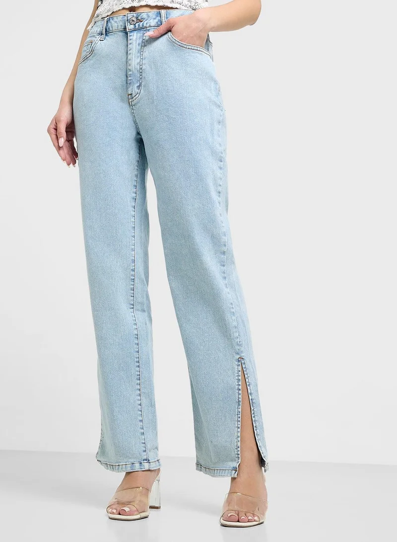 Ginger  Stone Wash Straight Fit Jeans With Slit for Women | Best Price UAE