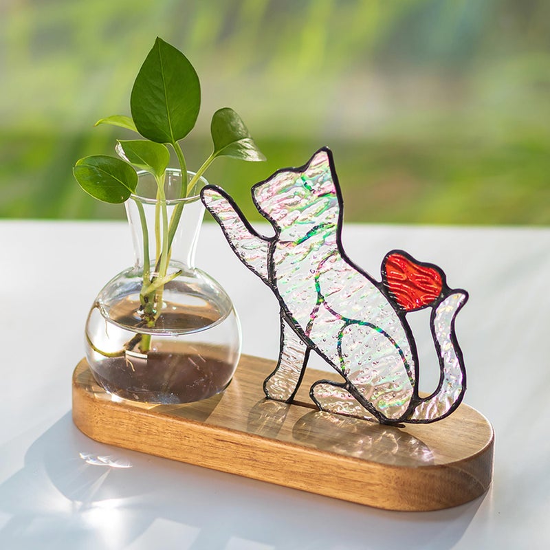 Hewory Handmade Cat Propagation Stations: Iridescent Stained Glass Cat Planter Pot with Wooden Stand for Desktop Decor for Plant Lovers Women - Image 1