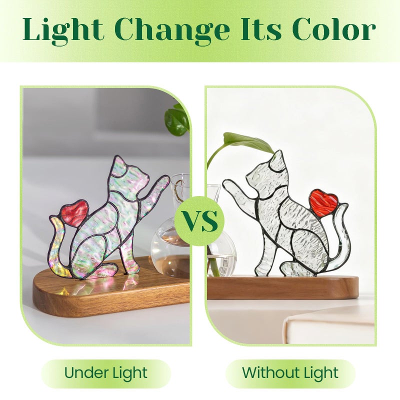 Hewory Handmade Cat Propagation Stations: Iridescent Stained Glass Cat Planter Pot with Wooden Stand for Desktop Decor for Plant Lovers Women - Image 4