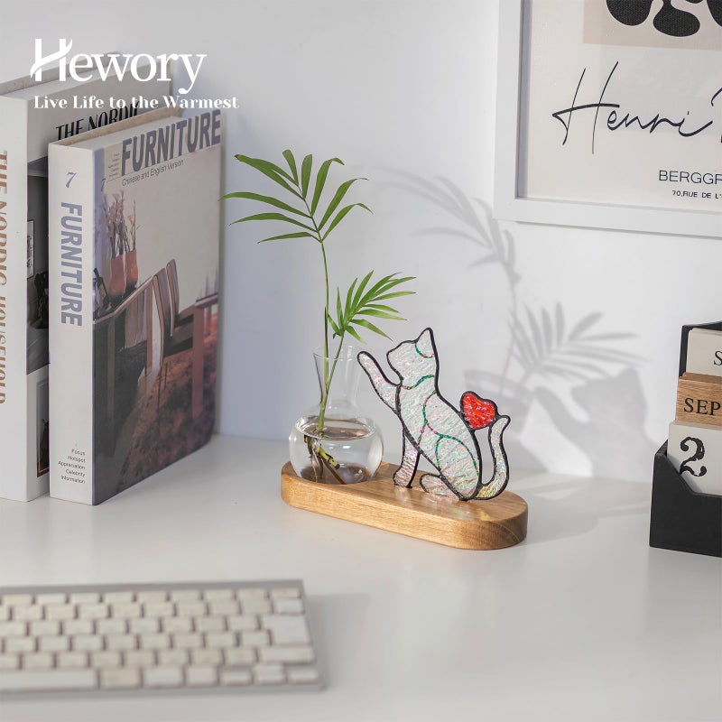 Hewory Handmade Cat Propagation Stations: Iridescent Stained Glass Cat Planter Pot with Wooden Stand for Desktop Decor for Plant Lovers Women - Image 3