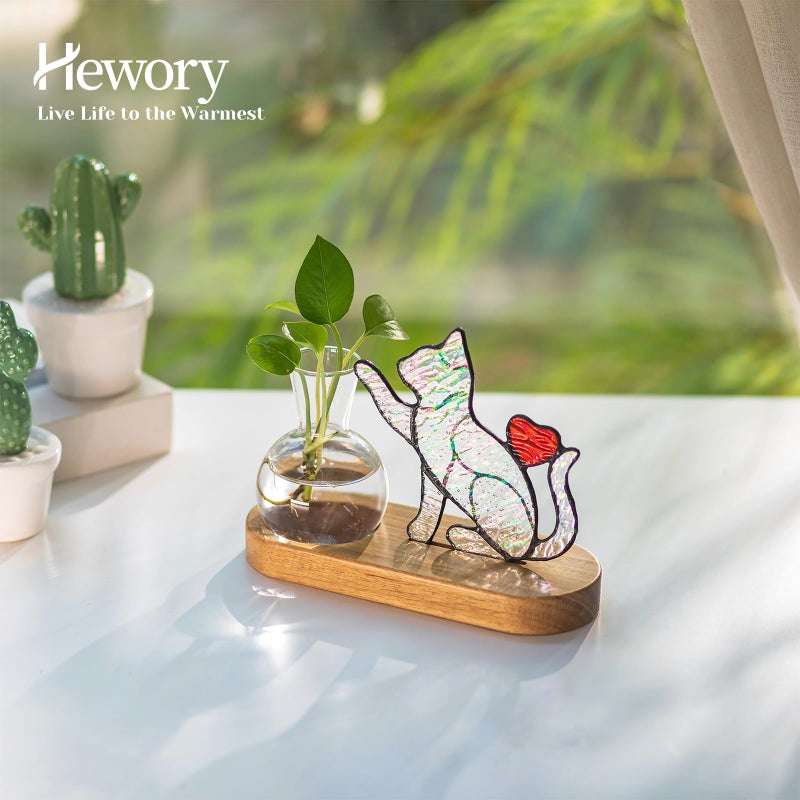 Hewory Handmade Cat Propagation Stations: Iridescent Stained Glass Cat Planter Pot with Wooden Stand for Desktop Decor for Plant Lovers Women - Image 2