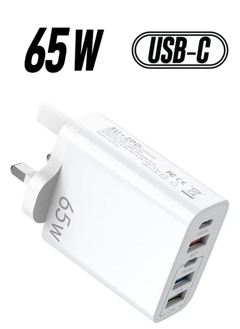 65W 5-Port Fast Charger, 6.6A 2 USB C + 3 USB A Ports Plug, Wall Charging Plug, G Adapter Compatible with charging for Apple Android, Support PD20W and QC3.0 charging protocols