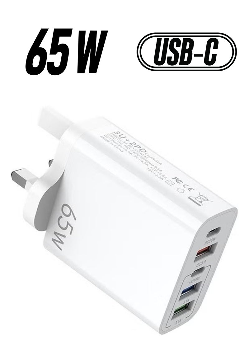 65W 5-Port Fast Charger, 6.6A 2 USB C + 3 USB A Ports Plug, Wall Charging Plug, G Adapter Compatible with charging for Apple Android, Support PD20W and QC3.0 charging protocols