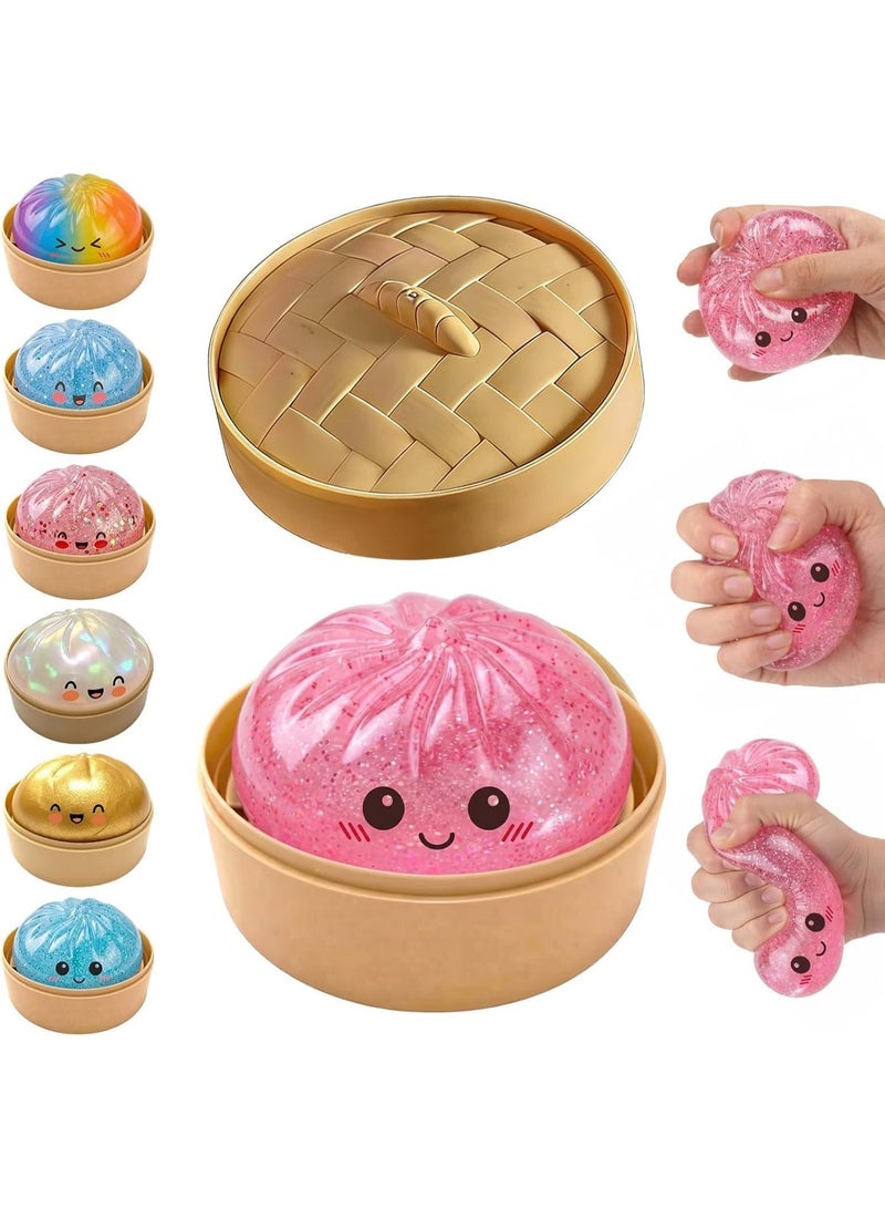 GIOIO Dumpling Squishy Mystery Box Stress Relief Toy | Colorful Reusable Squeeze Balls with Steamer, Soft Rebound Fidget Toy for Kids & Adults, Home Office Gift (PINK) - Image 1