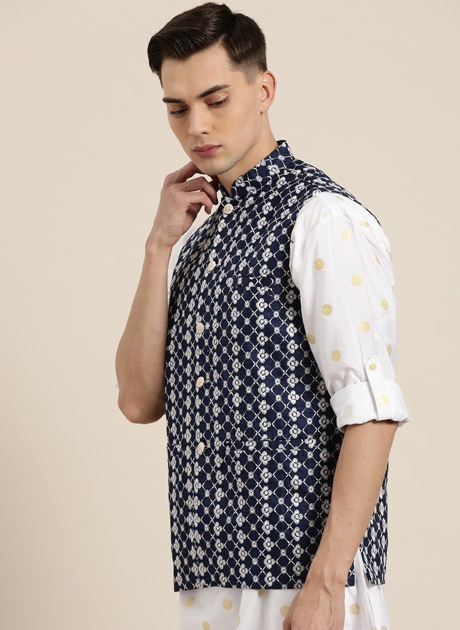 Sojanya Navy & White Chikankari Embroidered Nehru Jacket - Image 3