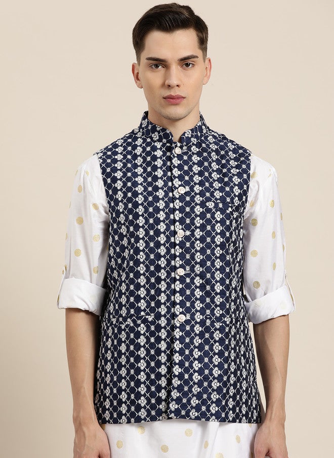 Sojanya Navy & White Chikankari Embroidered Nehru Jacket - Image 1