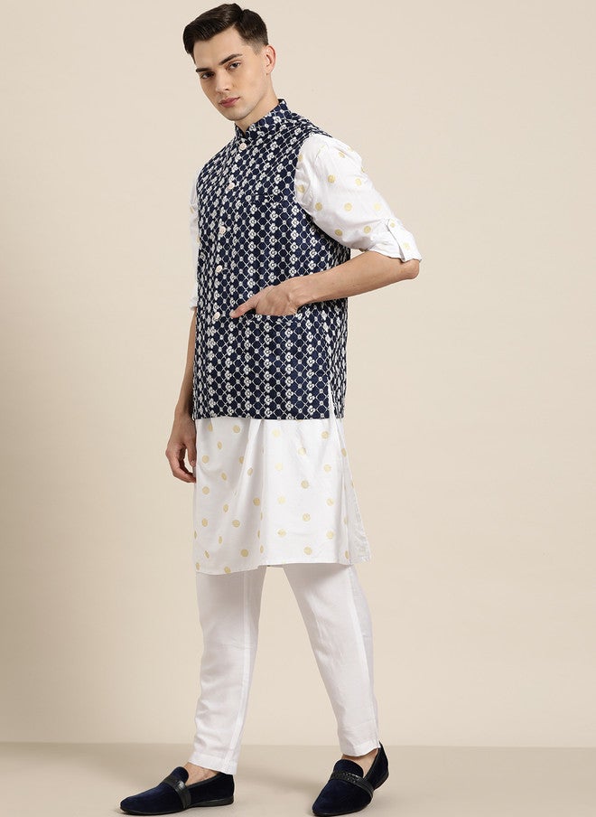 Sojanya Navy & White Chikankari Embroidered Nehru Jacket - Image 5