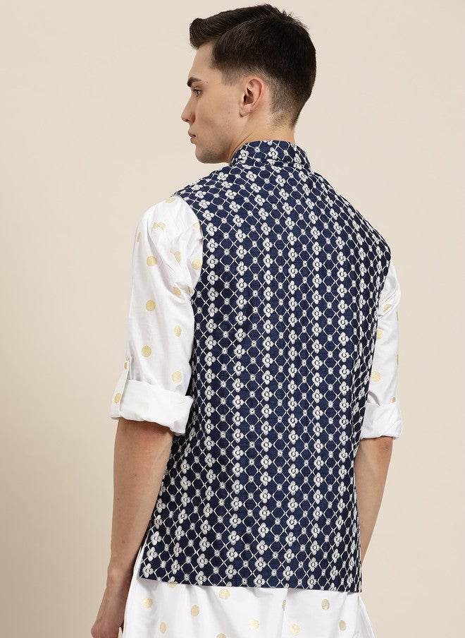 Sojanya Navy & White Chikankari Embroidered Nehru Jacket - Image 4