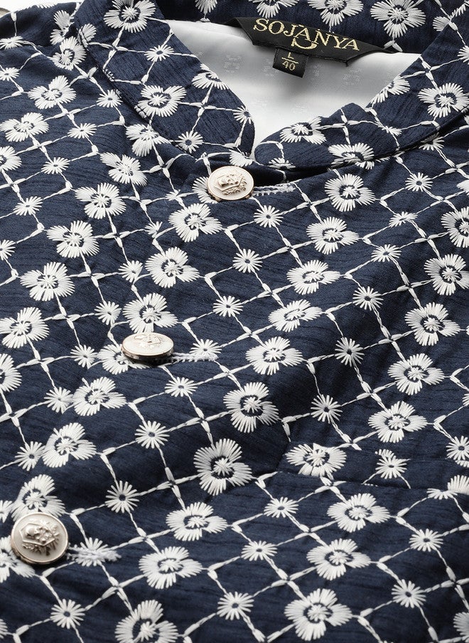 Sojanya Navy & White Chikankari Embroidered Nehru Jacket - Image 2